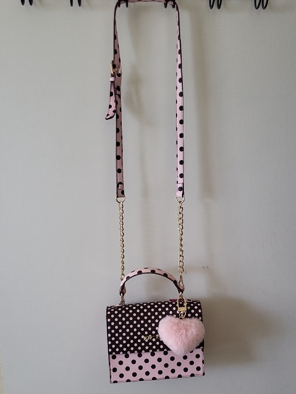 Betsey Johnson Pink And Dark Brown Polka Dot Top-Handle Crossbody Handbag - Picture 7 of 7